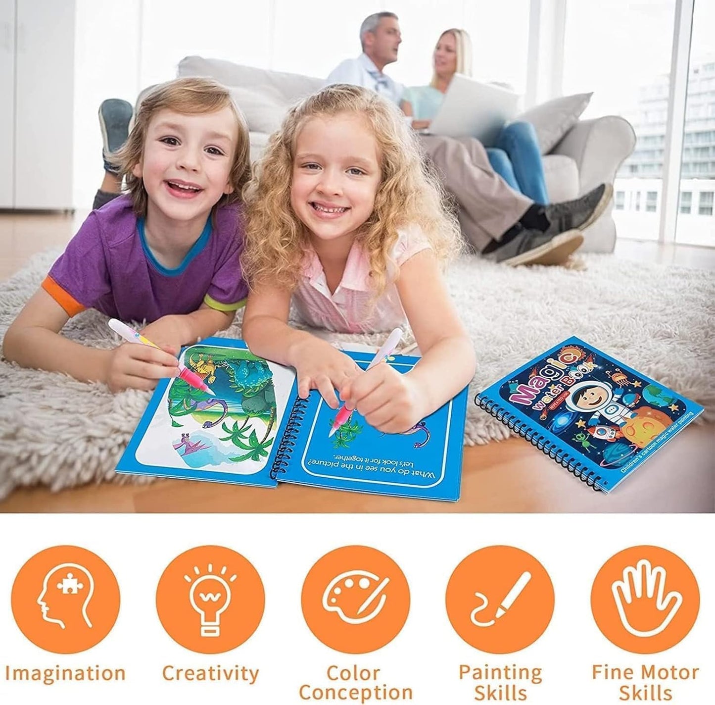 WaterWonder™ Magic Water Book – Reusable, Mess-Free Coloring (4 Books & 4 Pens)